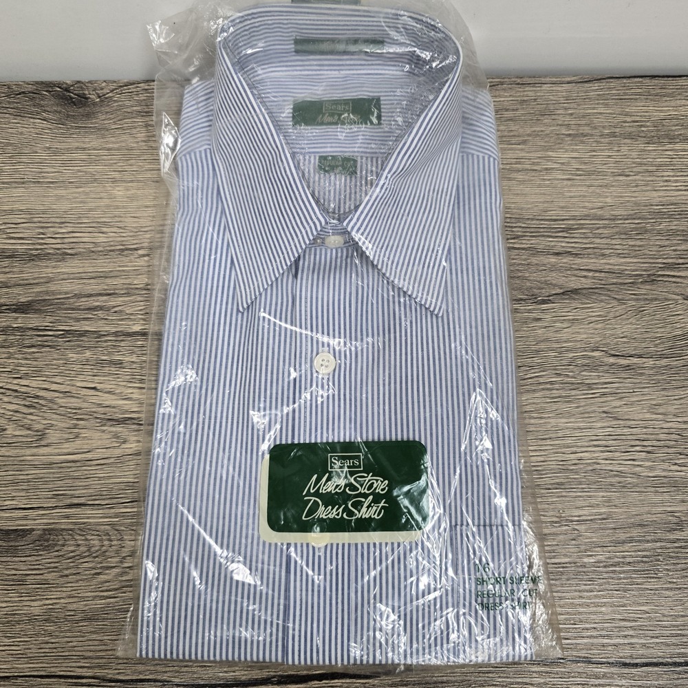 Vintage Sears Dress Shirt NWT Men 16  Blue‎ Perma Prest Regular Cut Short Sleeve